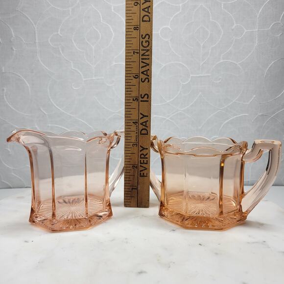 Greensburg‎ Pink Depression Glass Creamer Double Handled Octagon Sugar Bowl - Picture 10 of 16